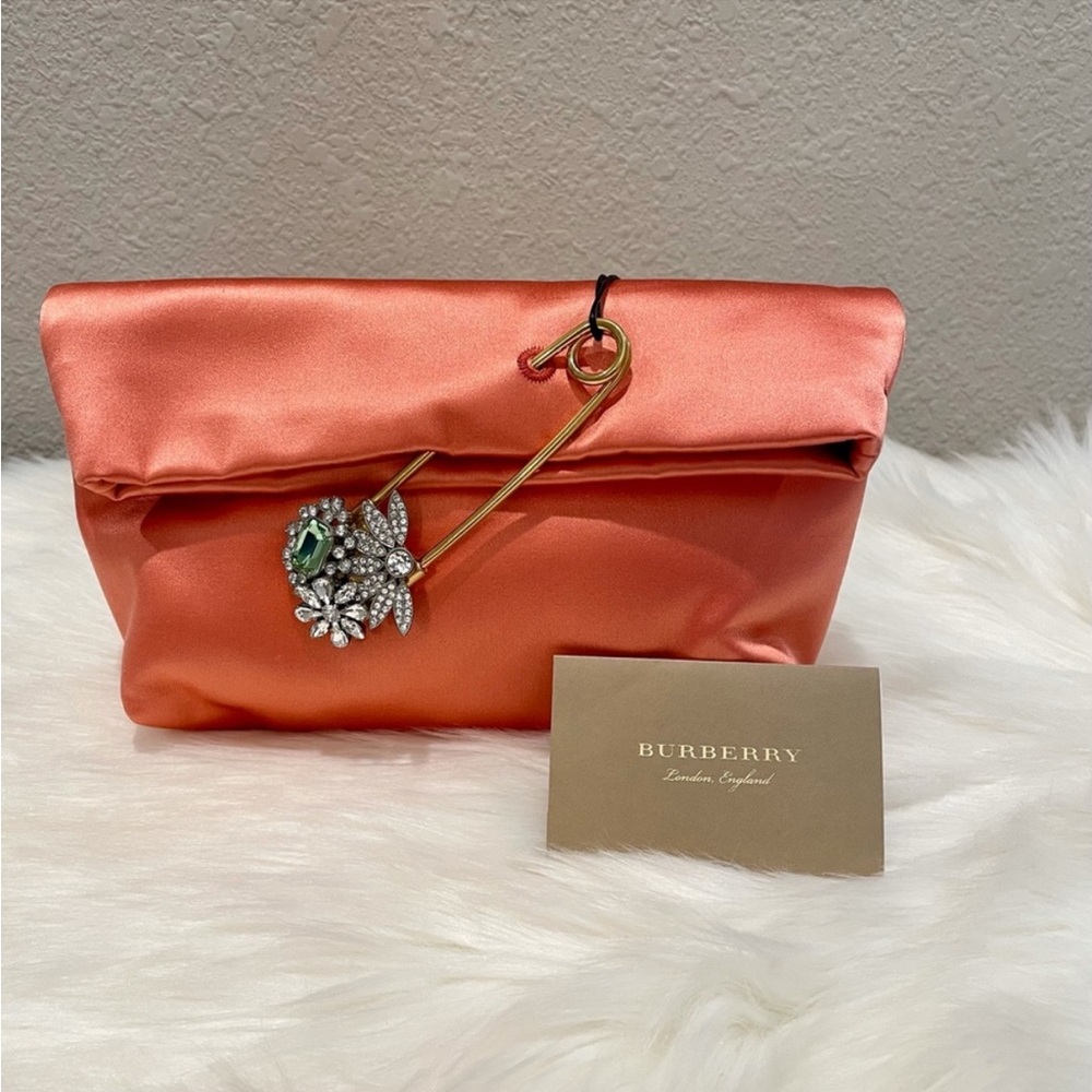 Burberry Coral Satin Clutch with Crystal Pin